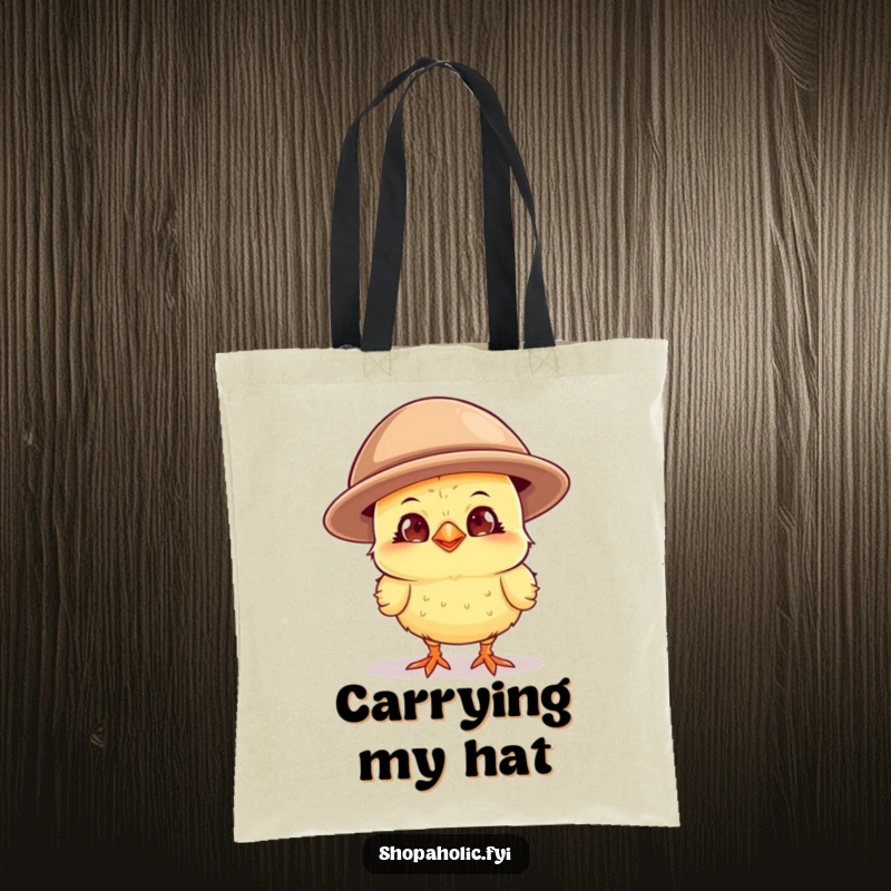 Funny curious chick with a wide grin, wearing a comically oversized hat, a humorous and practical tote bag for fashionistas.