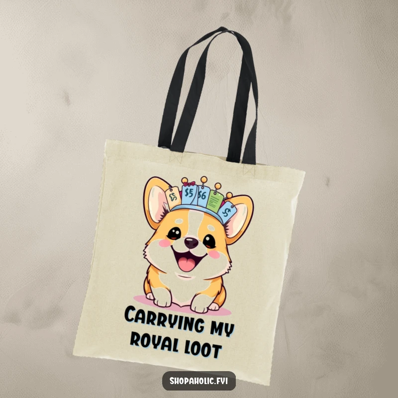 Funny Corgi Tote Bag: A joyful corgi with a price tag crown carries your items, adding a regal and humorous touch.