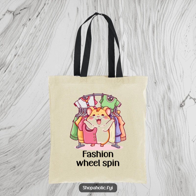 Funny hamster tote bag, joyfully spinning around a rack of clothes, perfect for carrying fashion finds, a gift.
