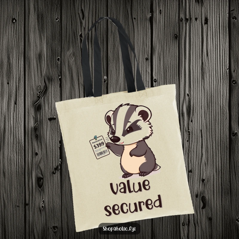 Funny tote bag depicting a determined badger giving a satisfied nod to a price tag, embodying a successful bargain hunt.