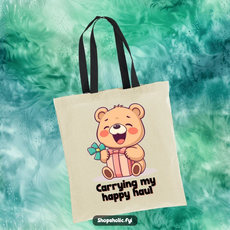 Funny Bear Tote Bag: A gleeful bear opens a present with a huge smile on this funny tote, ready for your items.