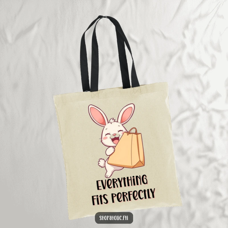 Funny tote bag depicting a joyful bunny clutching an oversized shopping bag, ideal for carrying groceries or gifts with humor.