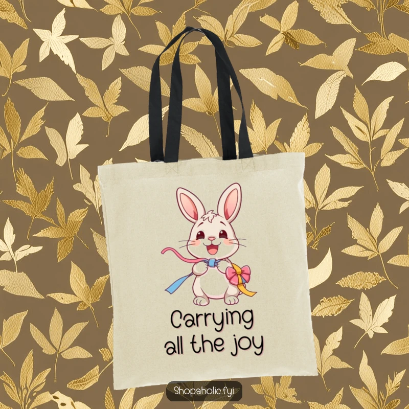 Funny Bunny Tote Bag: A cheerful bunny excitedly unwraps a colorful ribbon, a fun and practical accessory for gift lovers.