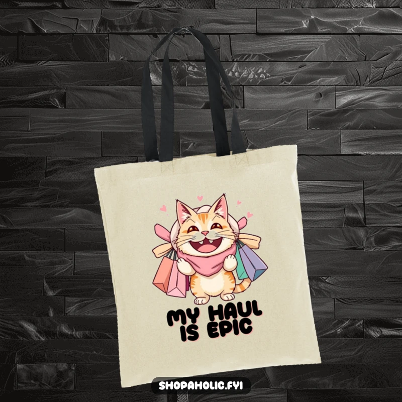 Funny tote bag with an overloaded cat wearing a huge grin and carrying numerous shopping bags, ideal for shoppers and cat enthusiasts.