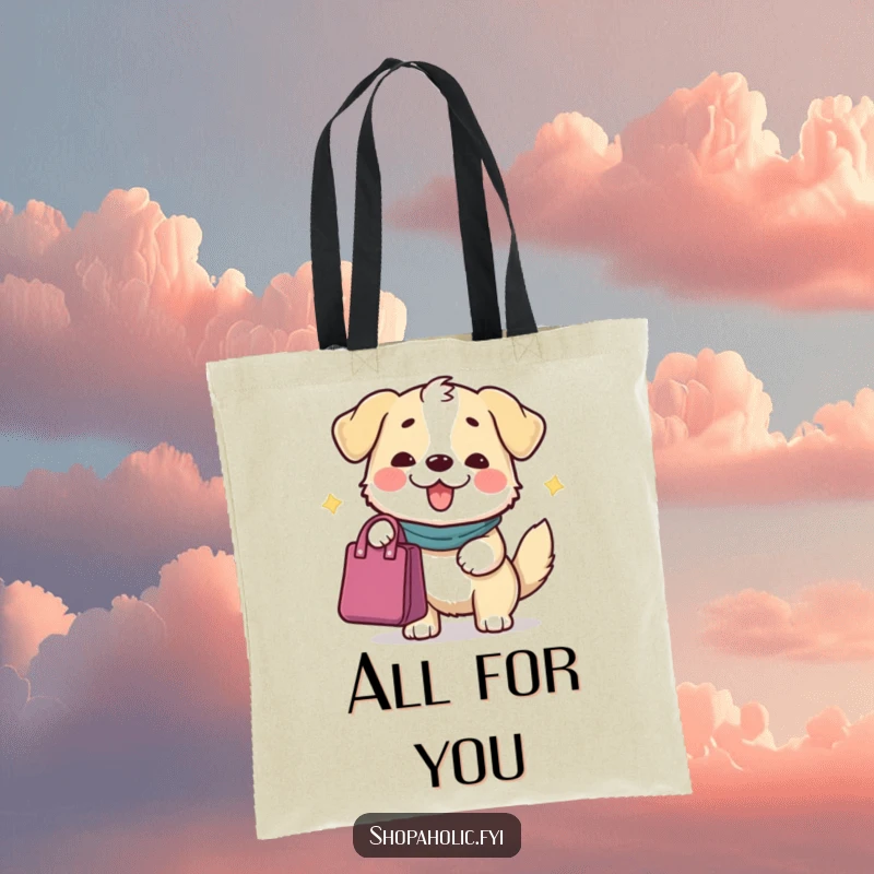 Funny Dog Tote Bag: A content dog character offering a bag with a grand gesture, perfect for carrying gifts.