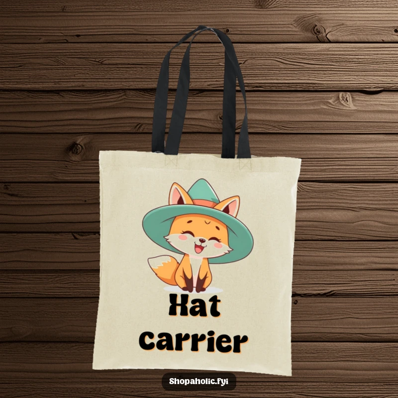 Funny tote bag featuring a delighted fox playfully trying on a very large, fashionable hat. Chic and comical.