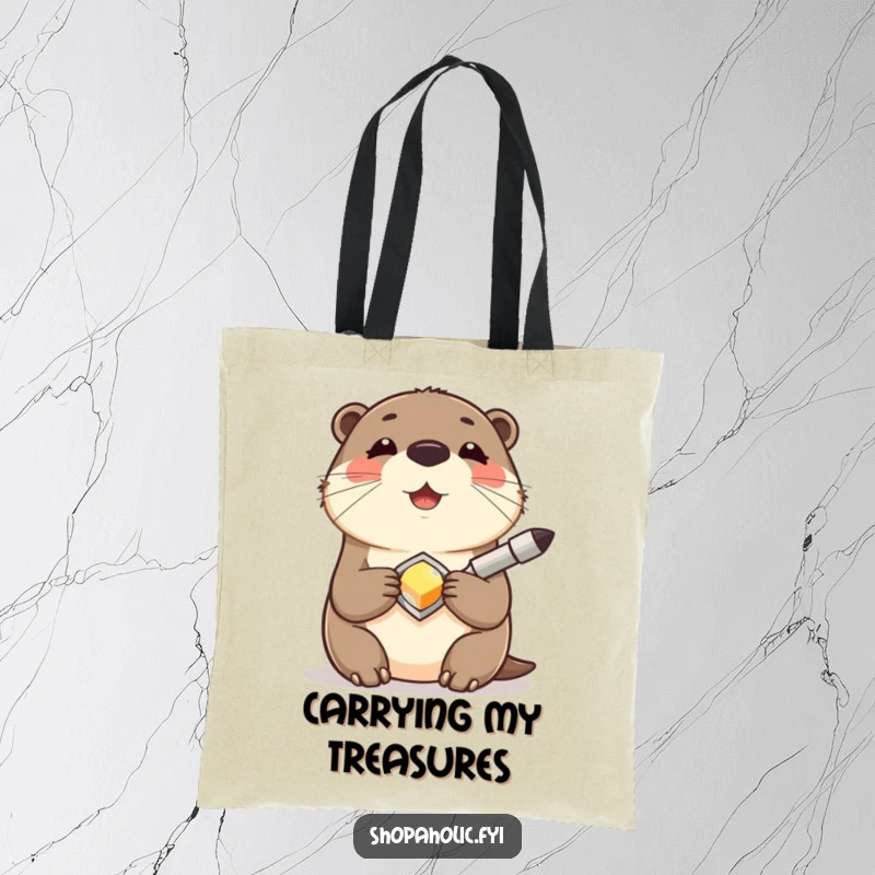 Funny Otter Tote Bag featuring a contented otter smiling while holding a shiny new accessory, a humorous and practical accessory for finds.