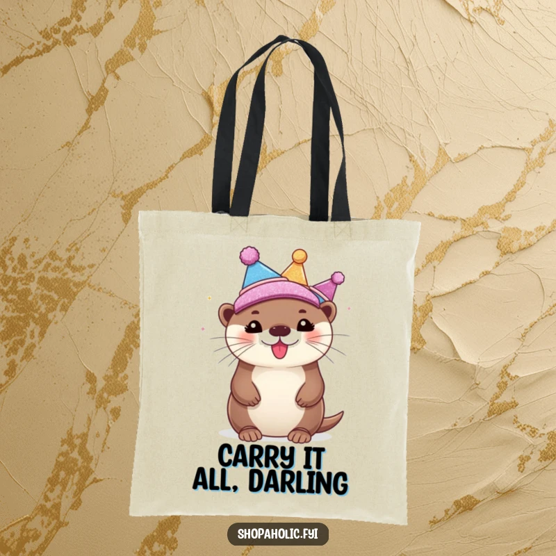 Funny Tote Bag featuring a bubbly otter showcasing its extensive collection of sparkling, glittering hats with obvious glee and excitement.
