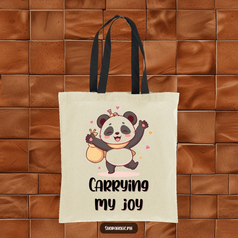 Funny tote bag featuring a giggling panda in a celebratory dance pose, clutching a bag overflowing with delightful goodies.