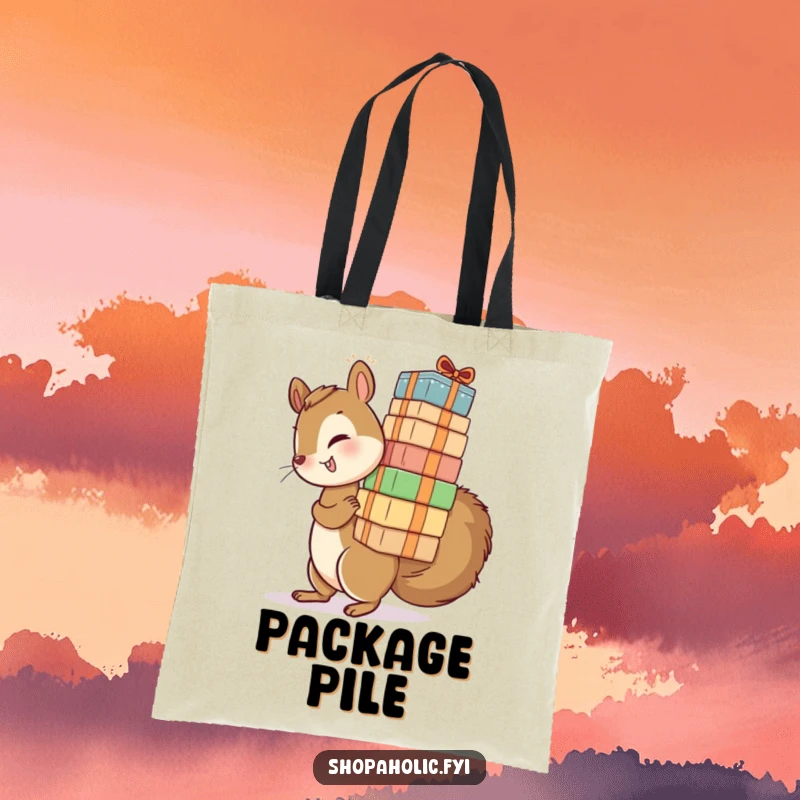 Funny tote bag featuring a playful squirrel struggling with an oversized stack of packages. Ready for any task.