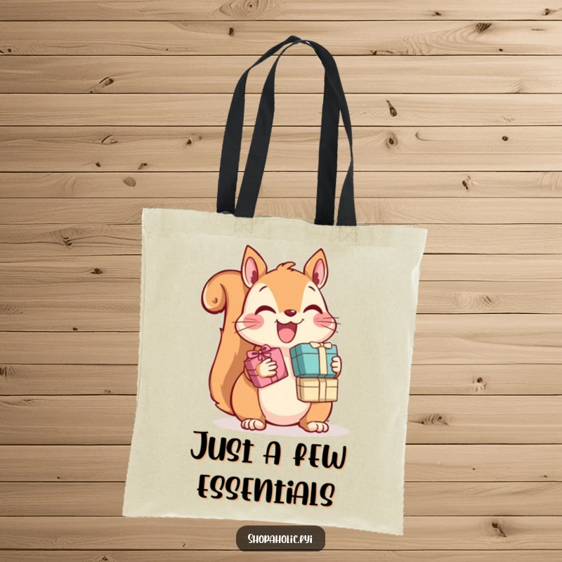 Funny Squirrel Tote Bag: A happy squirrel gleefully clutches a collection of small gift boxes, a funny and practical accessory.