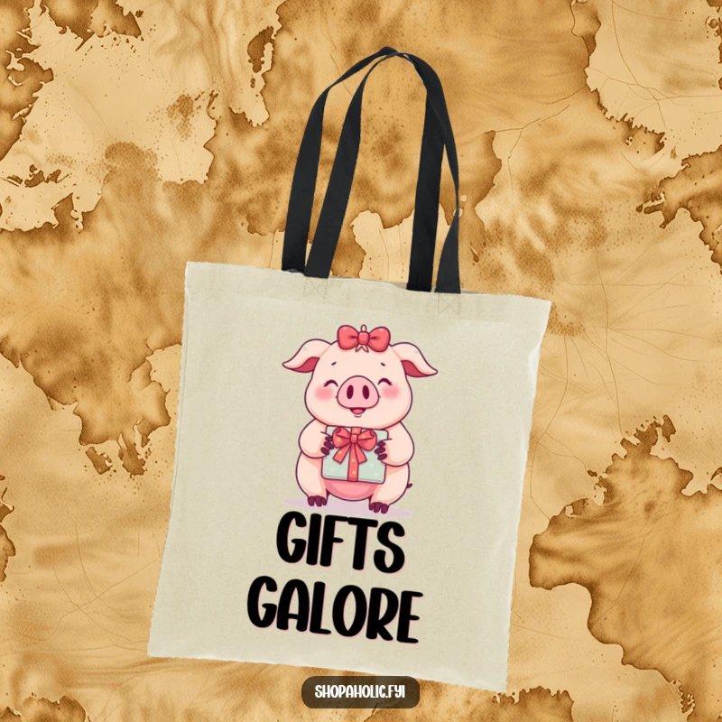 Funny tote bag showcasing a smiling pig holding a wrapped gift, ideal for carrying groceries or shopping.