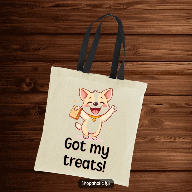 Funny dog tote bag of a joyful dog doing a happy dance with a new purchase, ready to carry essentials.