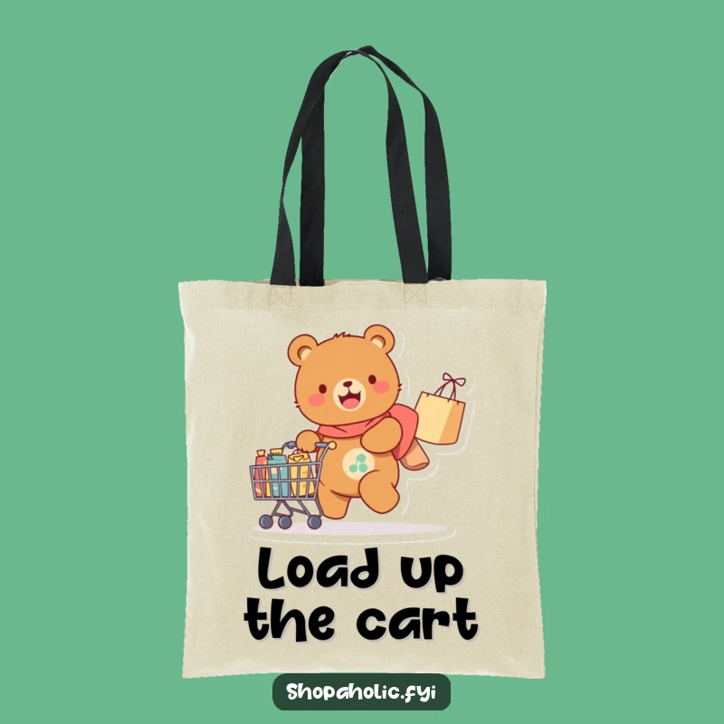 Funny Bear Tote Bag: Spacious bag with happy bear and loaded cart, a practical gift.
