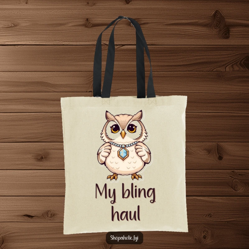 Funny Owl Jewelry Tote Bag: A proud owl displaying a shiny necklace, perfect for carrying essentials. Ample and amusing.