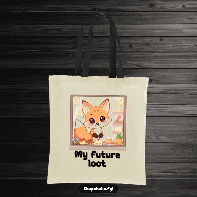 Funny Tote Bag: A fox with wide, expressive eyes gazes longingly at a window brimming with delightful treats, a humorous shopper.