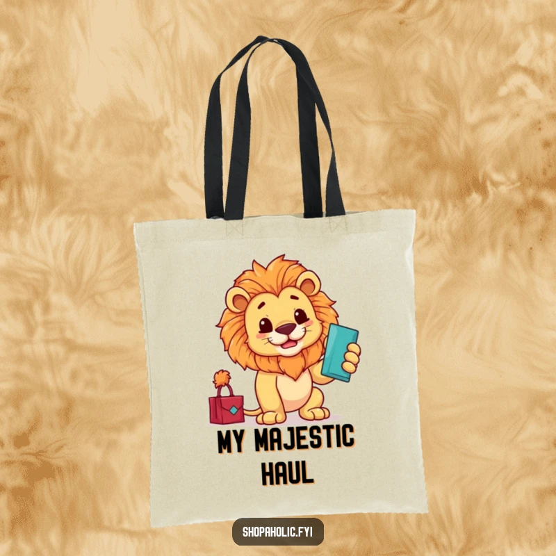 Funny tote bag depicting a proud lion making a grand gesture while admiring a new purchase, embodying luxury and style.