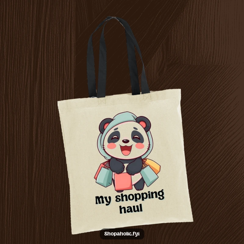 Funny tote bag with a delighted panda carrying overflowing shopping bags, perfect for carrying purchases.